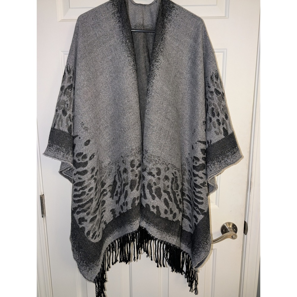 Gray Leopard Print Poncho Shawl Wrap with Fringe Trim Gray Black Boho Wrap